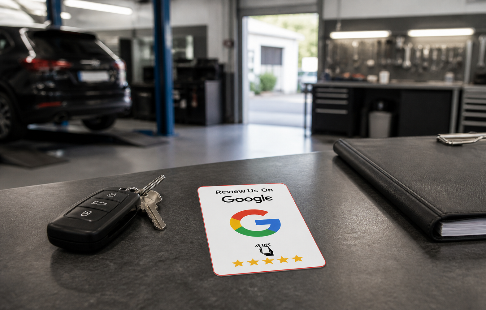 AnmeldNemt NFC-anmeldelseskort ved nøglerne på et autoværksted