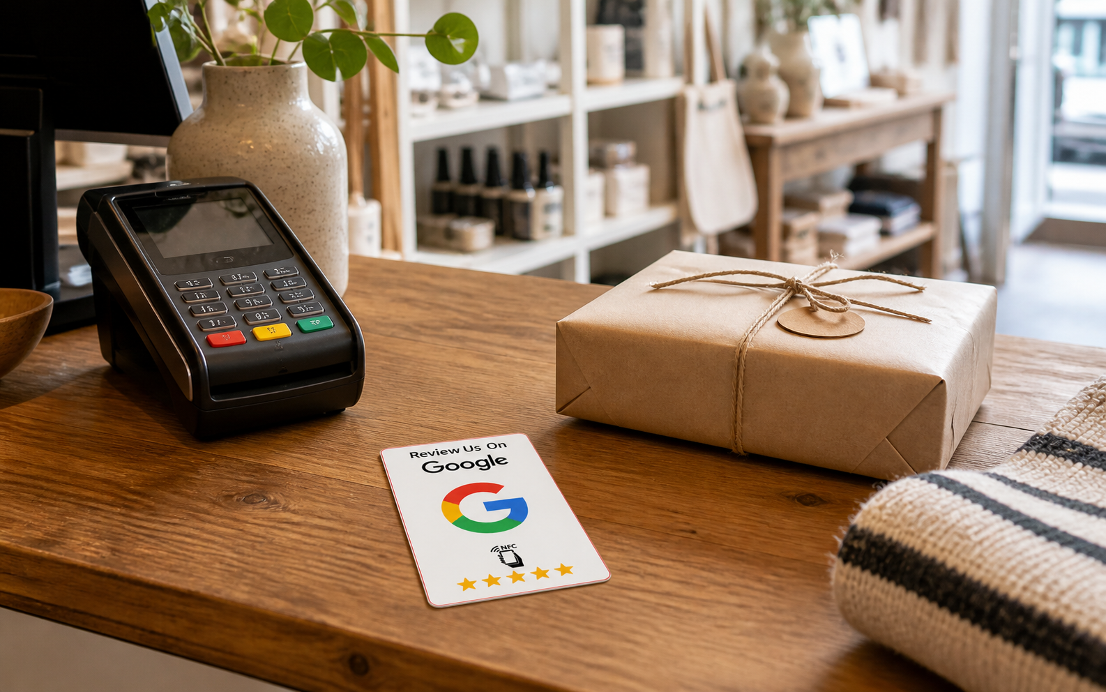 AnmeldNemt NFC-anmeldelseskort ved kassen i en lokal butik